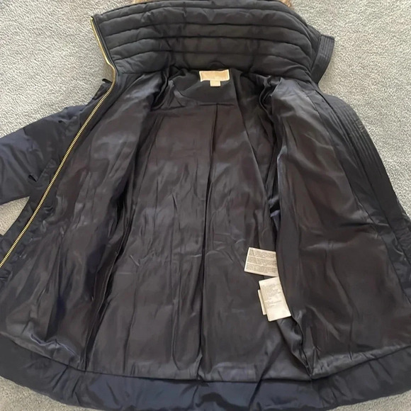 Michael Kors Longline Belted Puffer Coat Women’s XXS Navy Faux-Fur-Trim Jacket - Picture 13 of 16